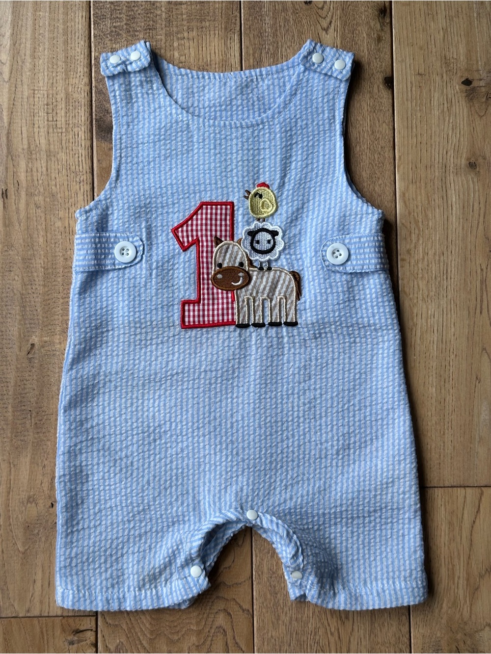 Boutique Seersucker Farm Animal First Birthday Shortall Romper size 6-12 Months